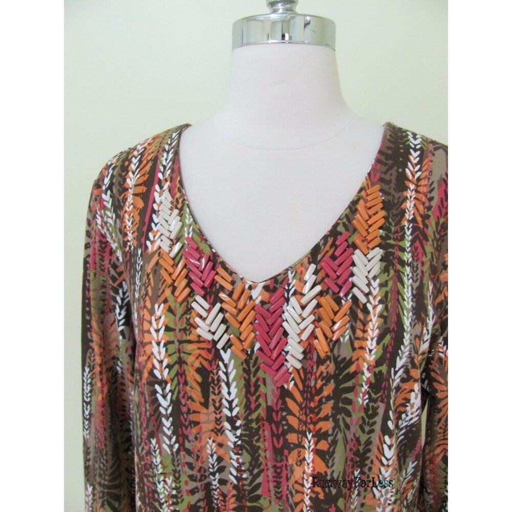 New RUBY RD Womens Large Beads Beaded Global Nomad Sabel Multi Stretch Tee Top - Picture 2 of 6